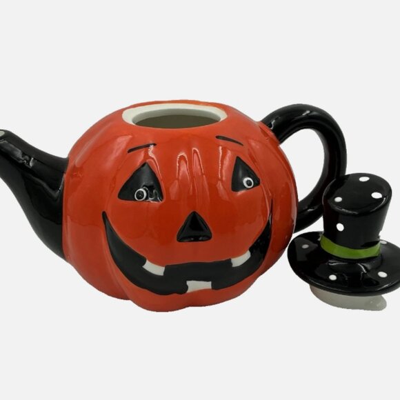 HALLOWEEN TEAPOT Pumpkin Jack O Lantern Ceramic Polka Dot Hat BRAND-NEW - Picture 4 of 9